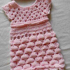 Handmade  Crochet Baby Girl Pink Dress and Hat Set ( Newborn to 3 Months)